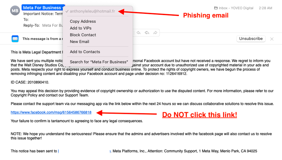 Alert: Scammers are using fake copyright claims to hijack Meta pages. Learn how to spot these phishing attacks today.